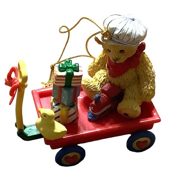 Vtg Priscilla Hillman Cherished Teddies Train Engineer Teddy Bear Wagon Ornament - Picture 1 of 5